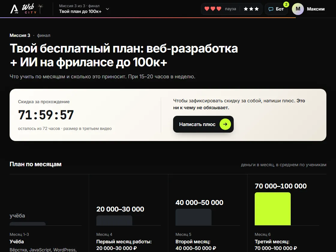 Финал: скидка за прохождение с таймером на 72 часа, кнопка «Написать плюс» и план по месяцам до 100 000 ₽