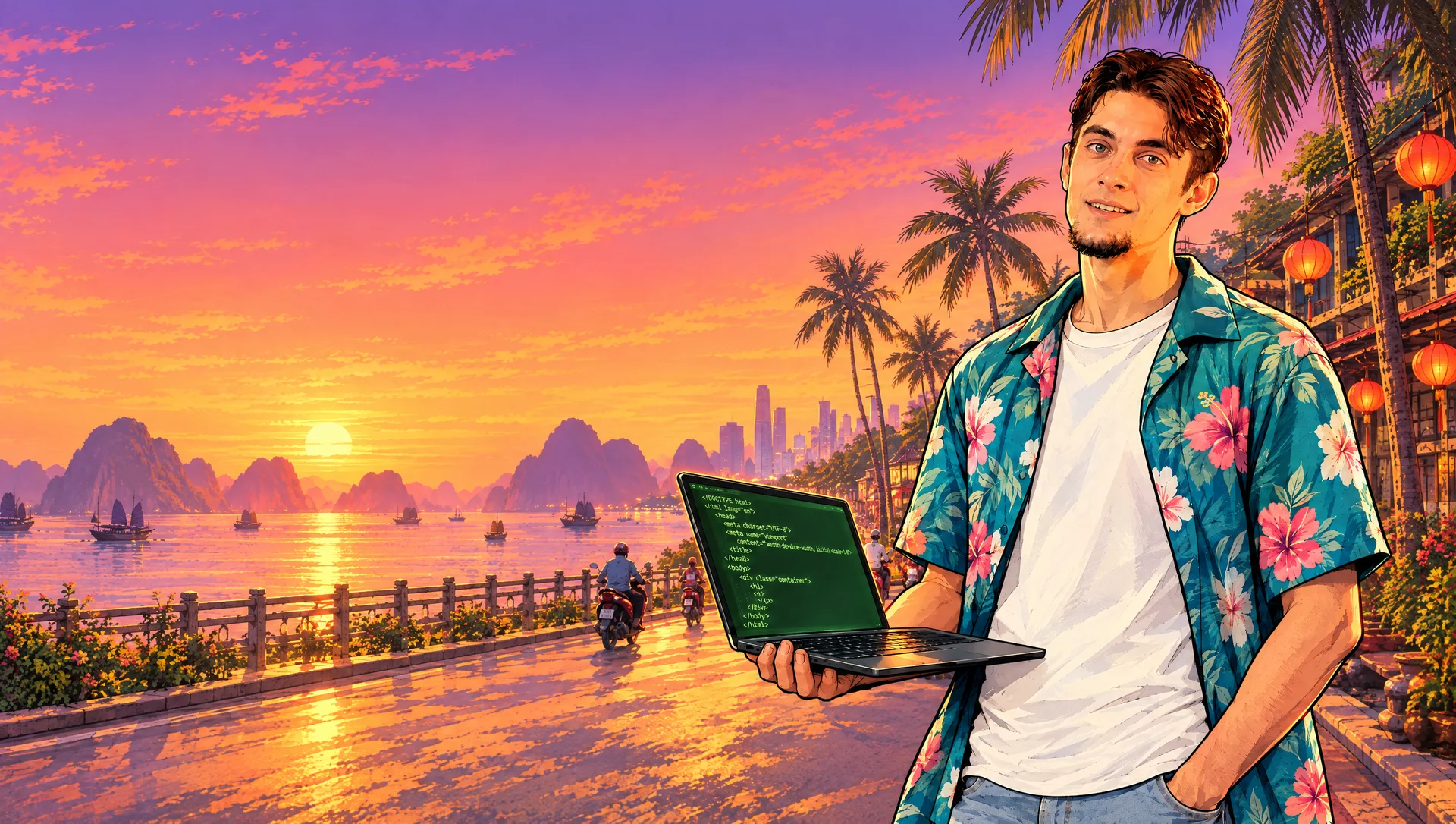 Максим Арокен в&nbsp;стиле GTA: закатная набережная, пальмы, в&nbsp;руках ноутбук с&nbsp;кодом